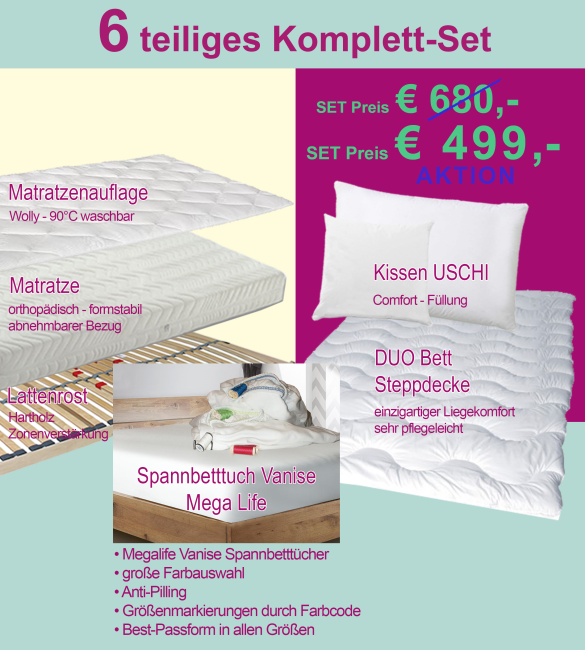 6teiliges KOMPLETT-SET  -  Matratze, Lattenrost, Auflage, Kissen, Steppdecke und Spannbetttuch
